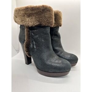 Tory Burch Sebastian Shearling Ankle Boots Black Platform Heel‎ 8M